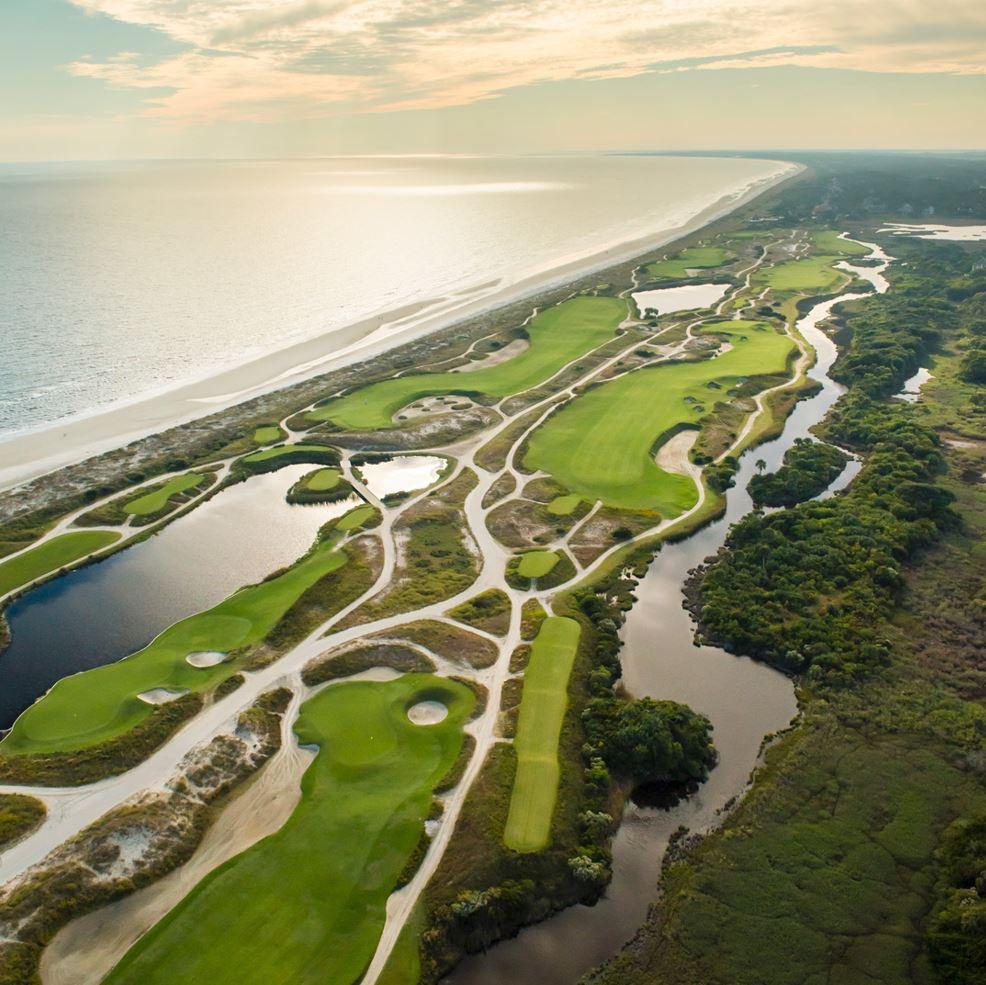 An aerial view of a coastal golf course