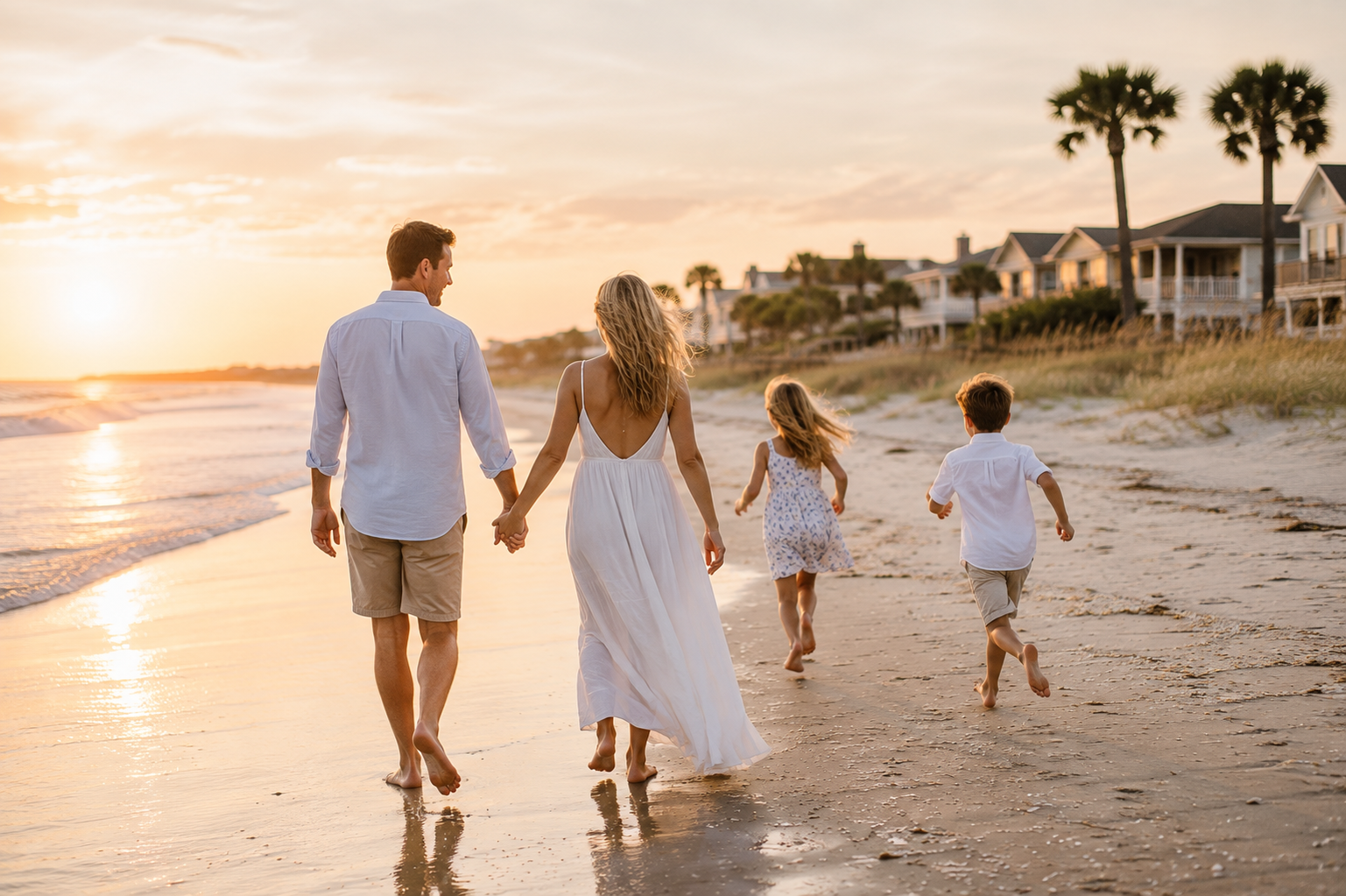 A family walking the beach at sunset